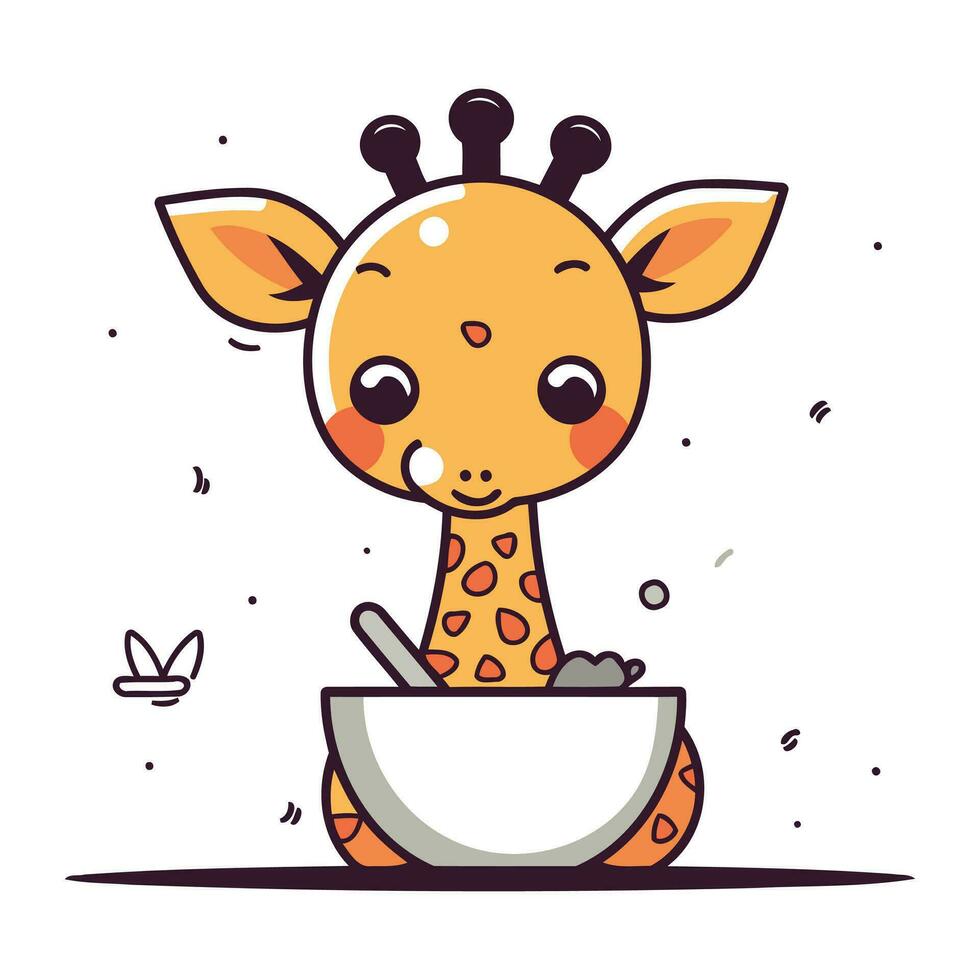 süß Karikatur Giraffe mit Schüssel von Suppe. Vektor Illustration.