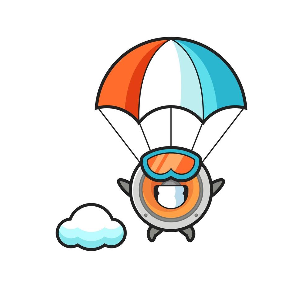 högtalare maskot tecknad film fallskärmshoppning med glad gest vektor