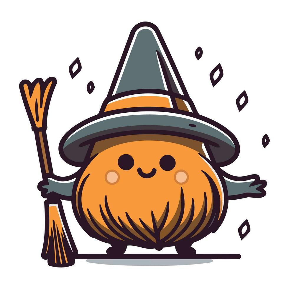 Halloween Kürbis Charakter mit Hexe Hut und Besenstiel. Vektor Illustration.
