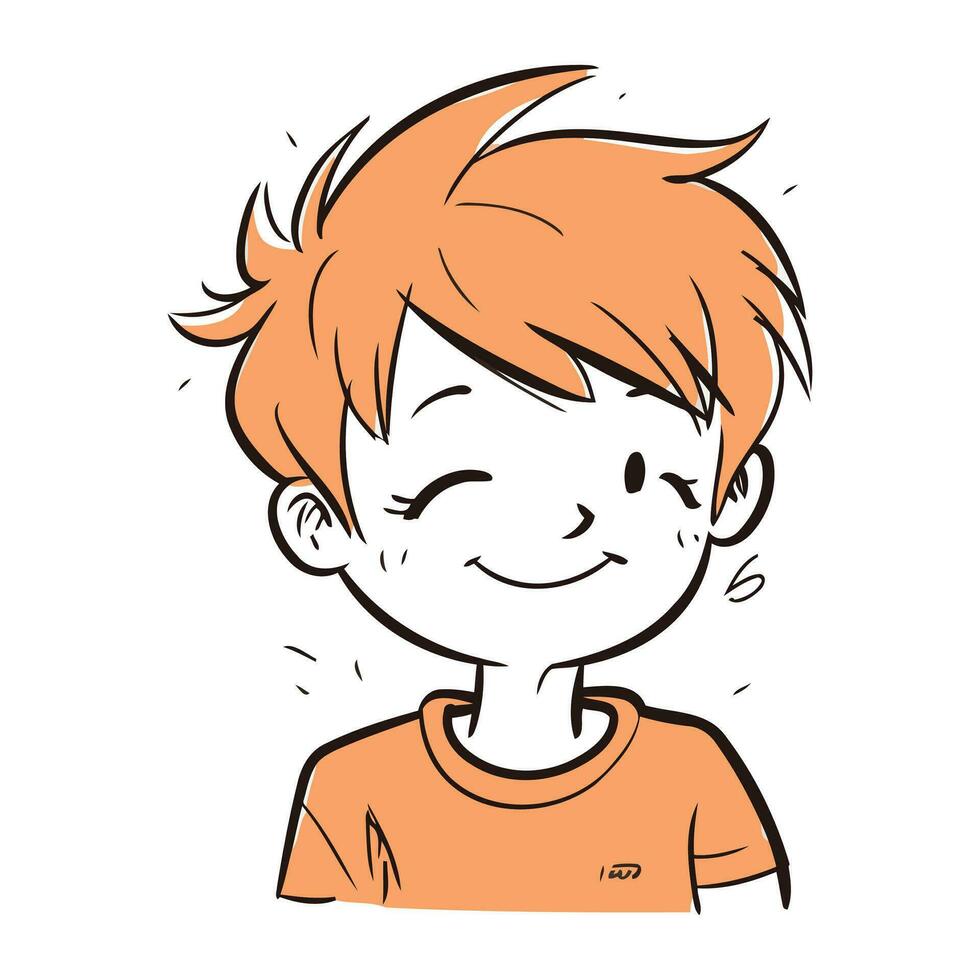 söt tecknad serie pojke med orange hår leende och ser på de kamera vektor