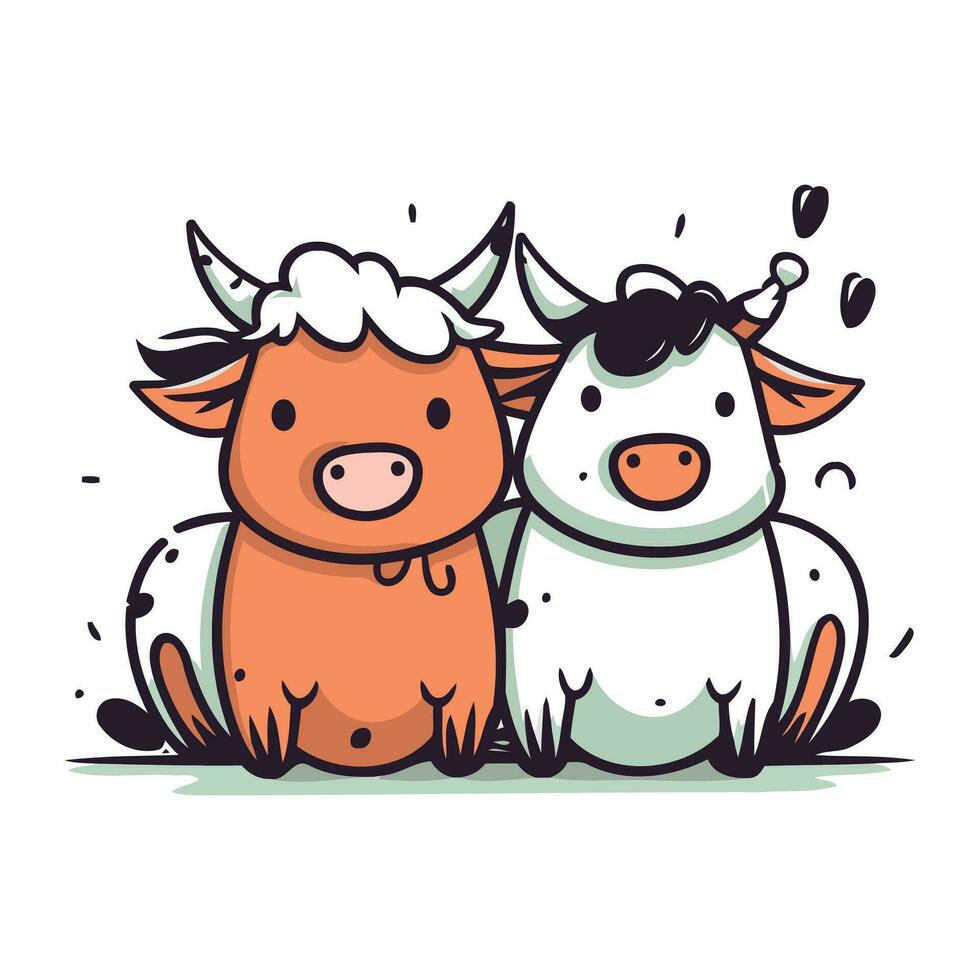 söt tecknad serie ko och tjur. vektor illustration isolerat på vit bakgrund.