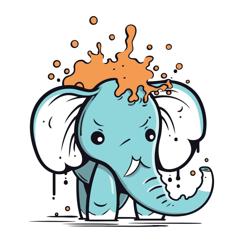 süß Karikatur Elefant mit spritzt und Tropfen von Wasser. Vektor Illustration.