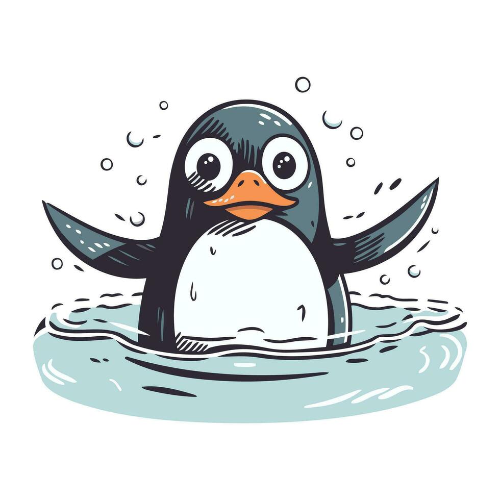 söt pingvin simning i vatten. hand dragen vektor illustration.
