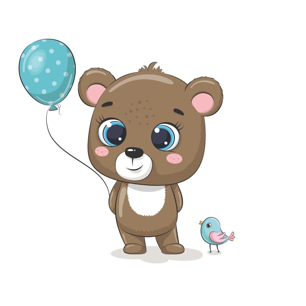 söt babybjörn med ballong och fågel. vektor illustration.