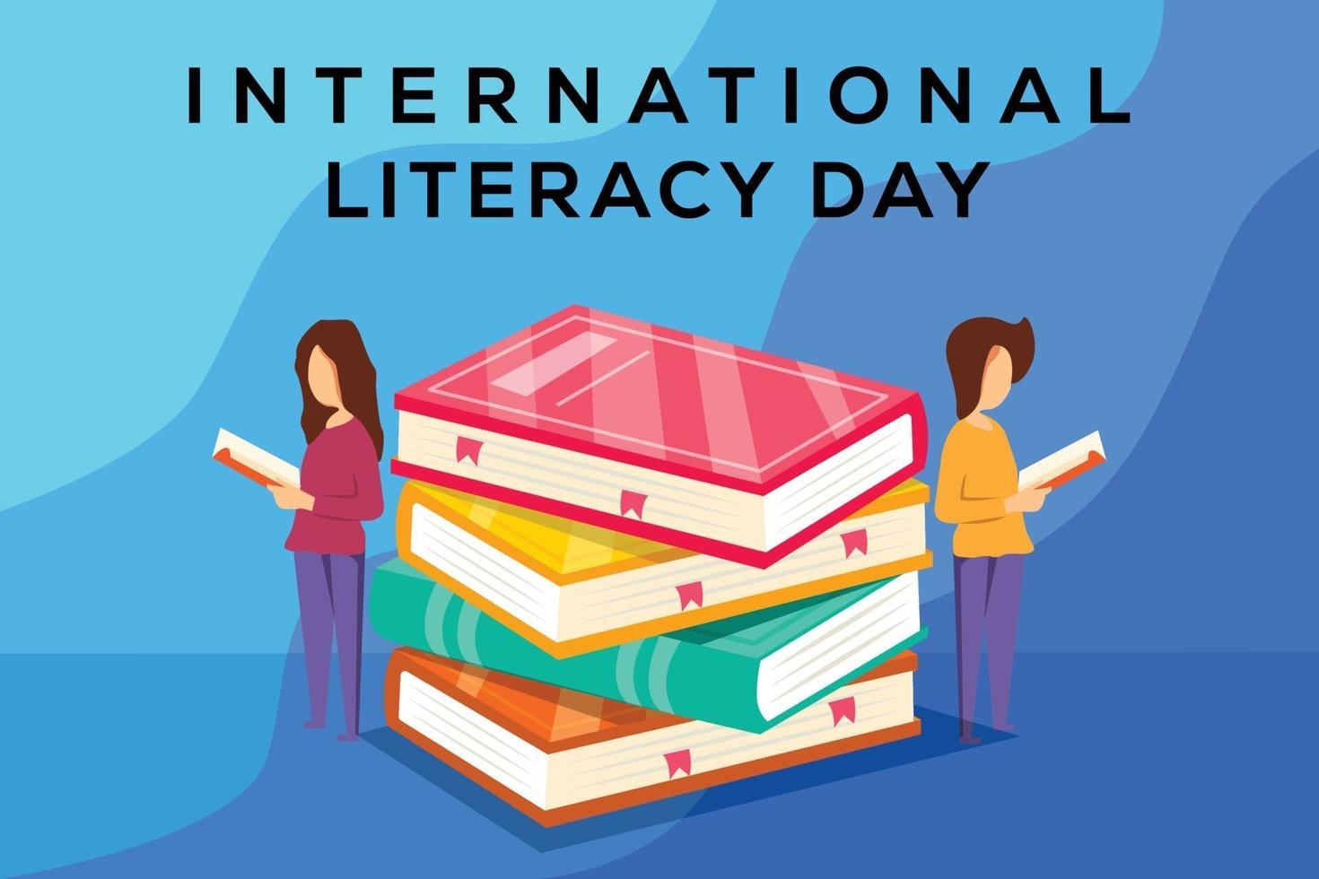Internationaler Tag der Alphabetisierung Banner mit Büchern und Charakteren liest vektor