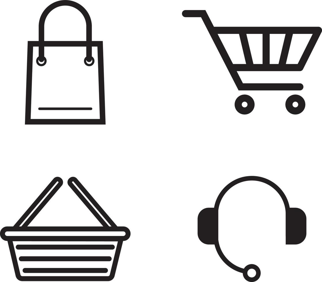 Einkaufswagen, Korb, Tasche und Kundensupport-E-Commerce-Symbole vektor
