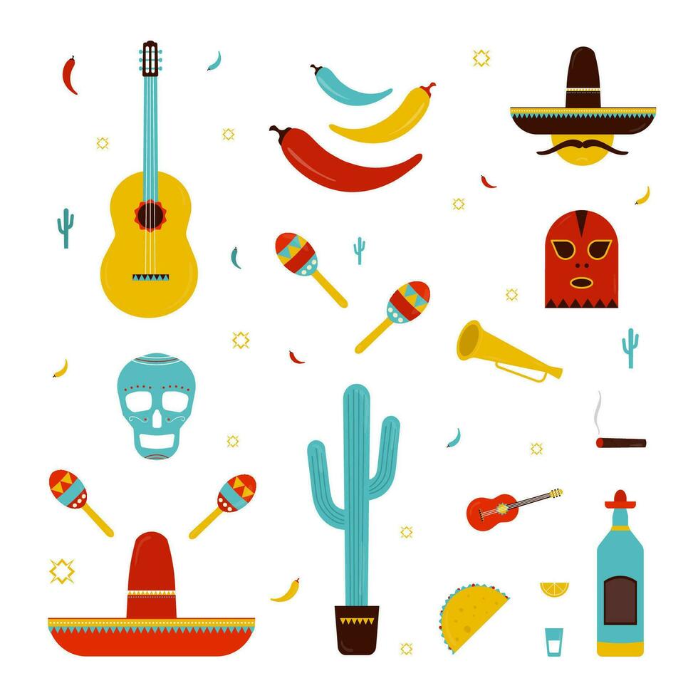 uppsättning på en mexico tema. annorlunda mexikansk ljus ikoner samling, maracas, kaktus, hatt, gitarr, mask, peppar, tequila, skalle, trumpet. färgrik vektor illustration.