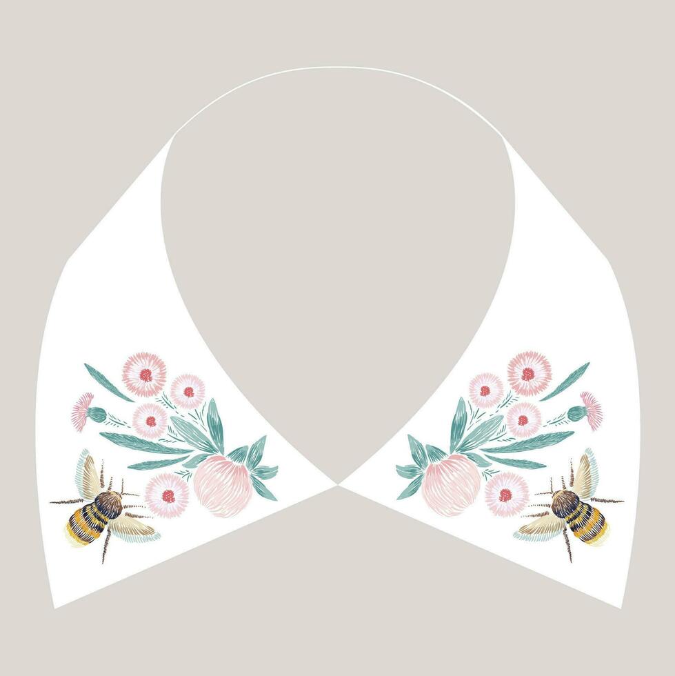 Satin- Stich Stickerei Design mit Blumen und Biene. Volk Linie Blumen- modisch Muster zum Kleid Kragen. natürlich Mode Ornament zum Hals auf Weiß Hintergrund. vektor