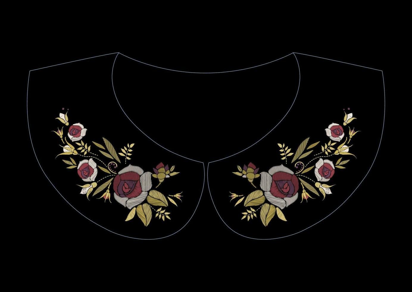 Satin- Stich Stickerei Design mit Rosen. Volk Linie Blumen- modisch Muster zum Kleid Kragen. ethnisch Mode Ornament zum Hals auf schwarz Hintergrund. vektor