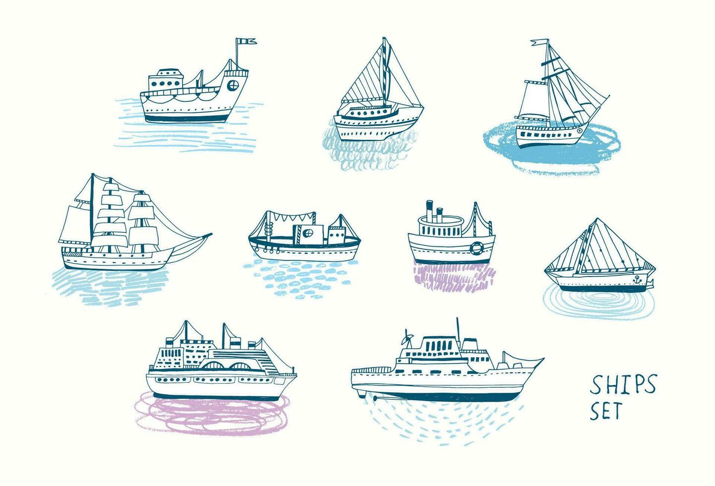 uppsättning av annorlunda isolerat klotter fartyg, yachter, båtar, segling hantverk, segelbåt, nautisk fartyg. hav transport samling. hand dragen illustration. vektor