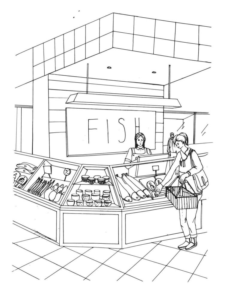 fisk avdelning översikt hand dragen illustration. Lagra interiör med shoppare. vektor