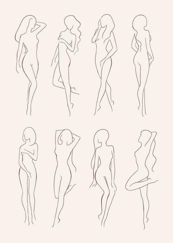 uppsättning av olika naken kvinna silhuett. skön långhårig flicka i annorlunda poserar. hand dragen vektor illustration samling.