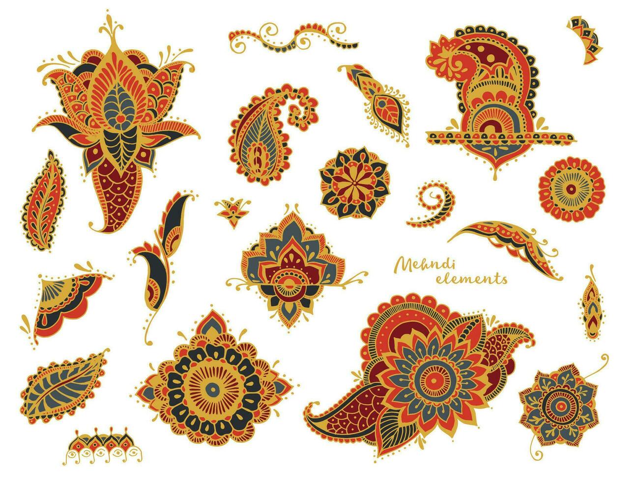 uppsättning av hand dragen annorlunda mehndi element. stiliserade blommor, löv, indisk paisley samling. svart och vit etnisk illustration. vektor