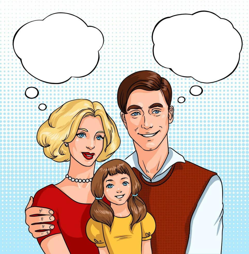 Lycklig familj. far, mor och dotter med ljud moln. pop- konst illustration på serier stil. vektor
