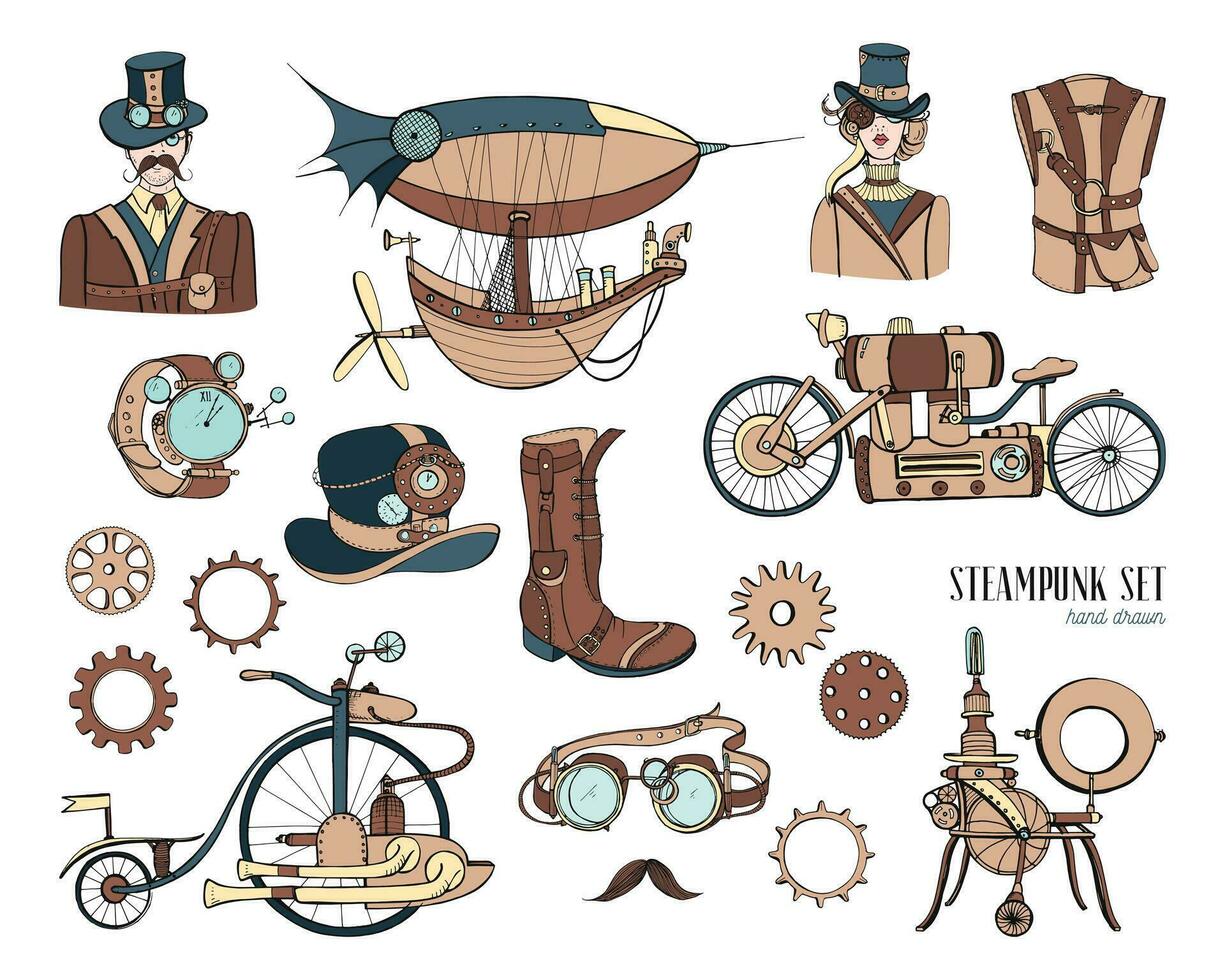 steampunk objekt och mekanism samling, maskin, Kläder, människor och växlar. hand dragen årgång stil illustration uppsättning. vektor