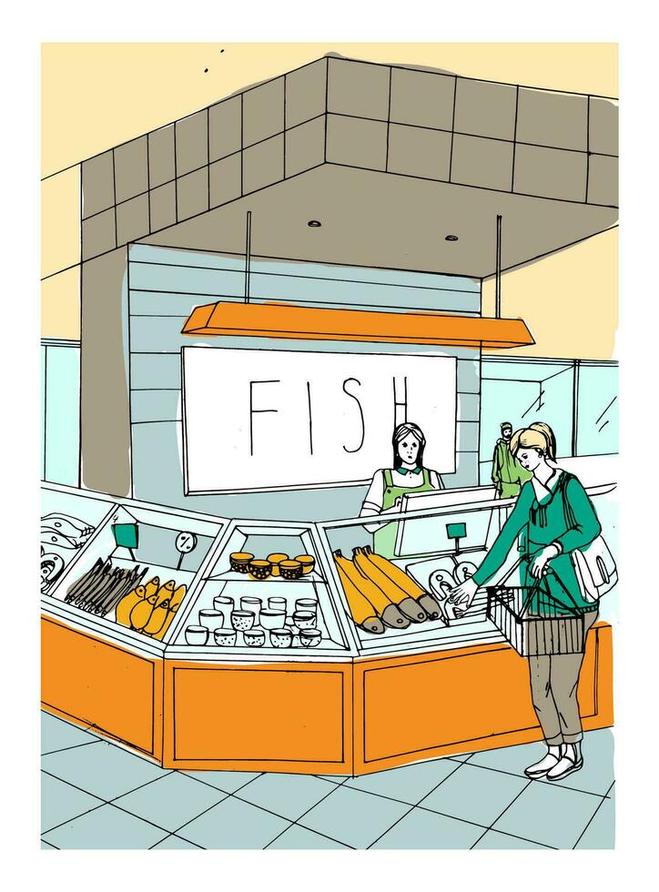 fisk avdelning hand dragen färgrik illustration. Lagra interiör med shoppare. vektor