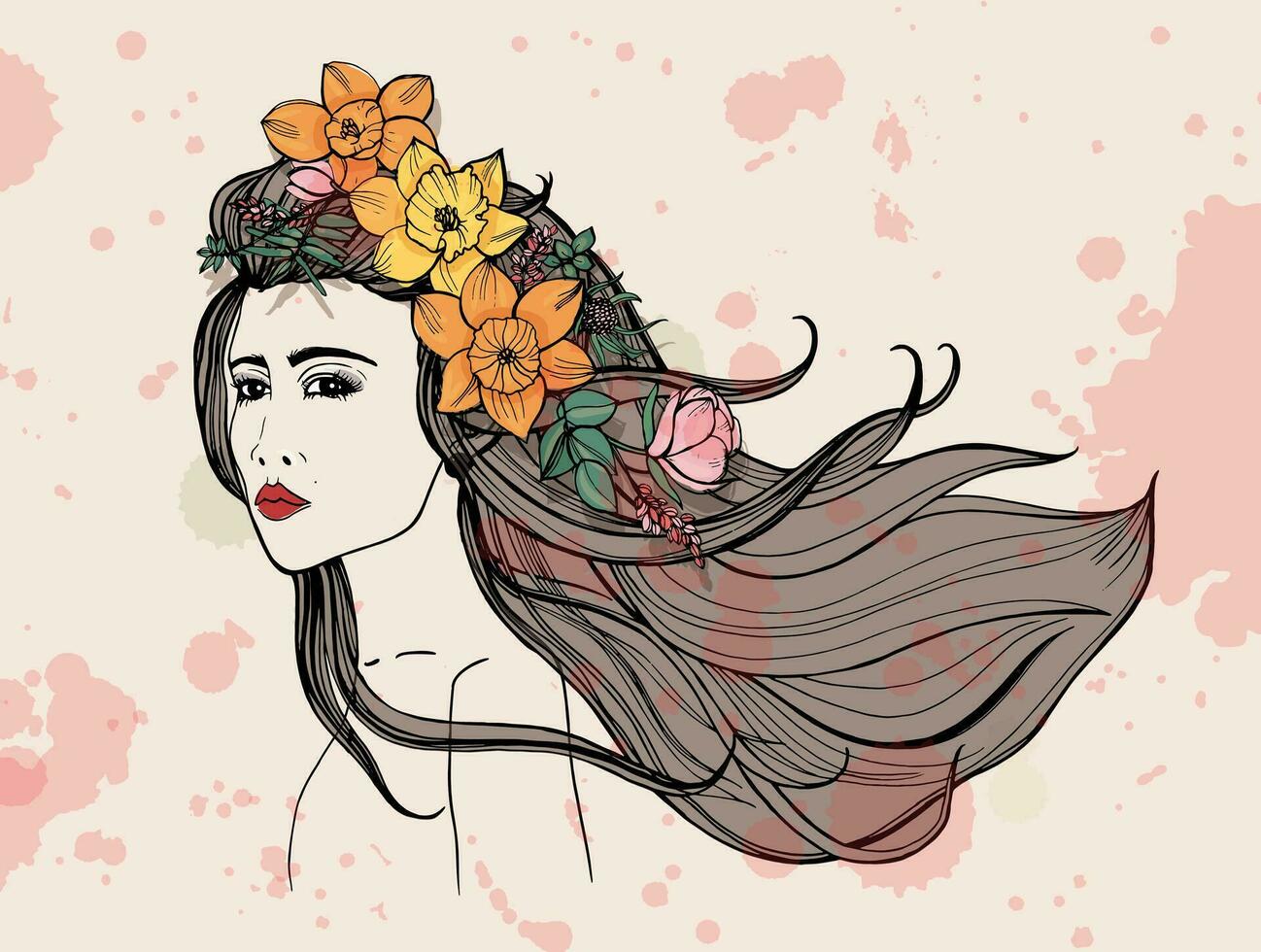 Mode Frau Porträt mit Aquarell Flecken. schön Mädchen mit Blumen, fließend Haar. bunt Hand gezeichnet Illustration. vektor