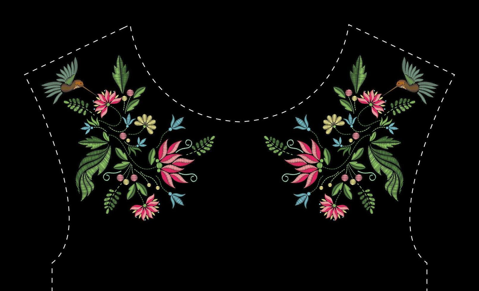 Satin- Stich Stickerei Design mit Blumen und Vögel. Volk Linie Blumen- modisch Muster zum Kleid Ausschnitt. ethnisch Mode Ornament zum Hals auf schwarz Hintergrund. vektor
