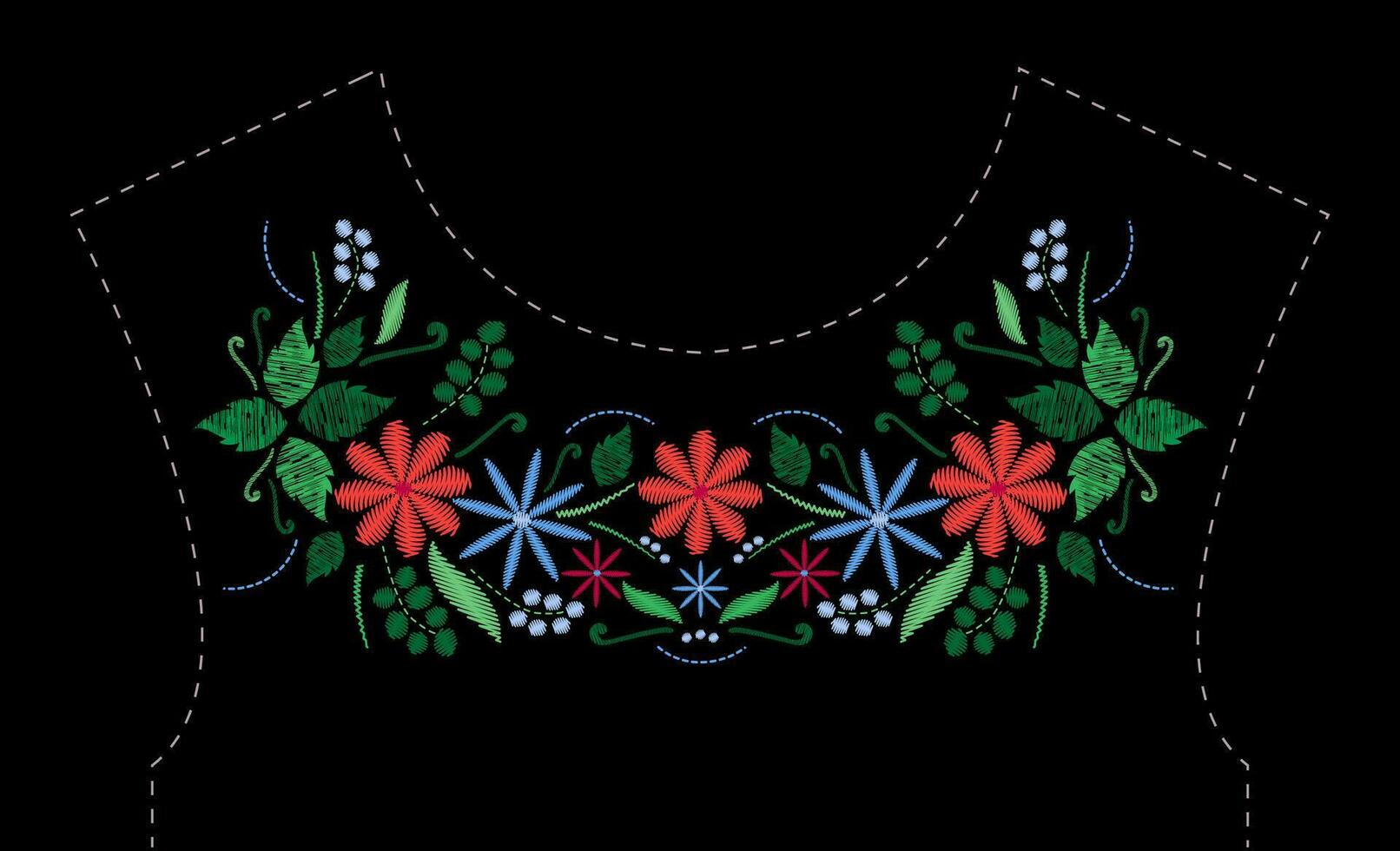 satin sy broderi design med blommor. folk linje blommig trendig mönster för klänning urringning. etnisk mode prydnad för nacke på svart bakgrund. vektor