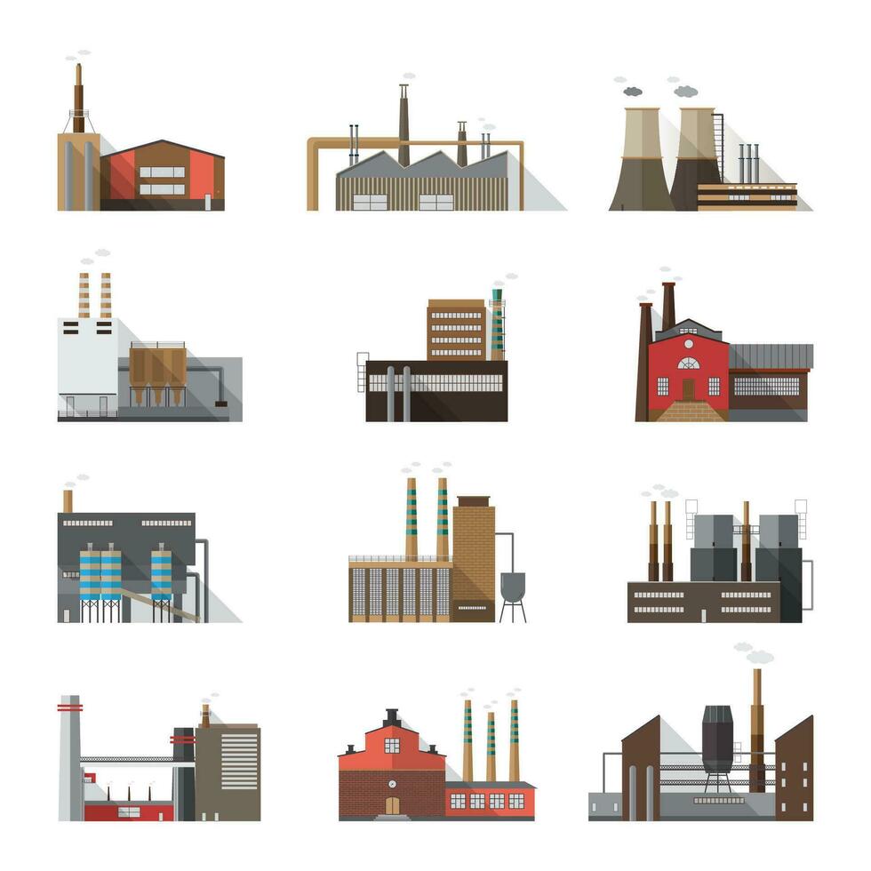 uppsättning av industriell fabrik och växt byggnader. samling tillverkare med rökning skorstenar. vektor färgrik illustration i platt stil.