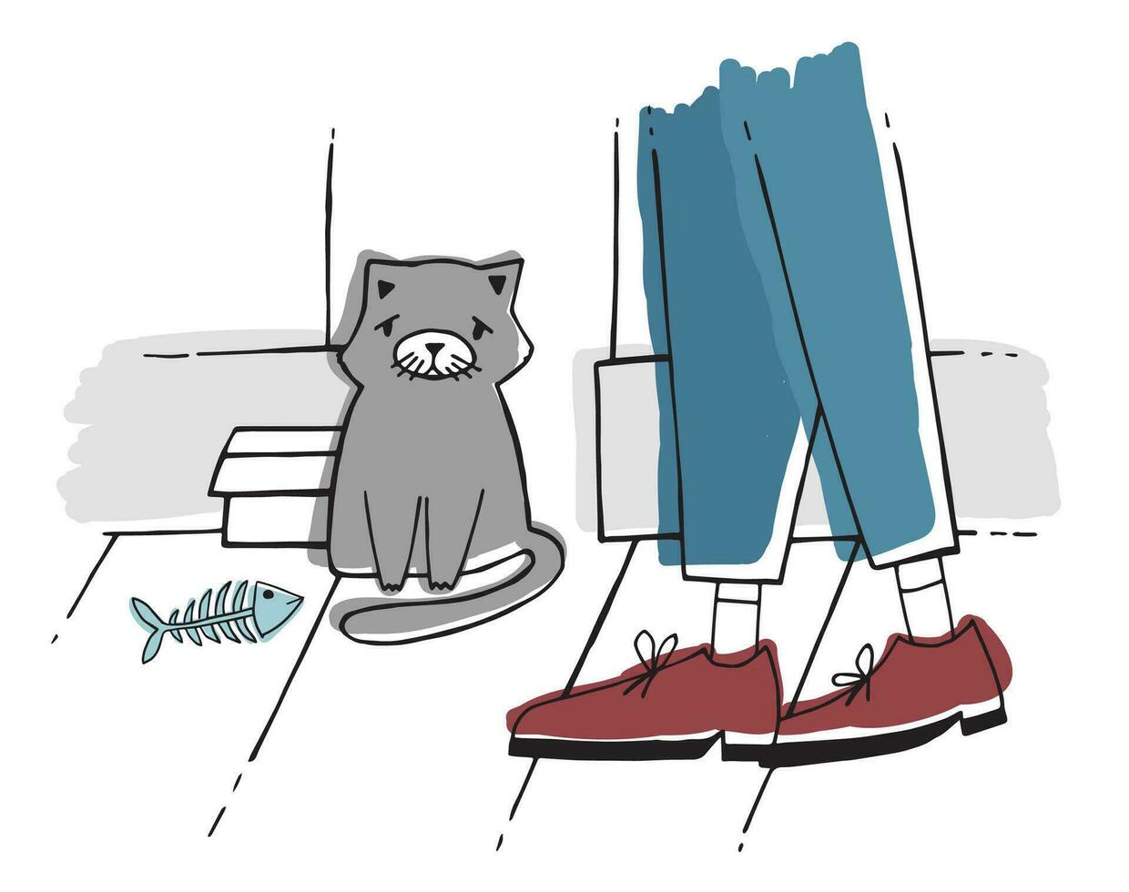 das streunend Katze beim Straße. obdachlos Kätzchen mit traurig sehen. Hand gezeichnet Vektor Illustration.