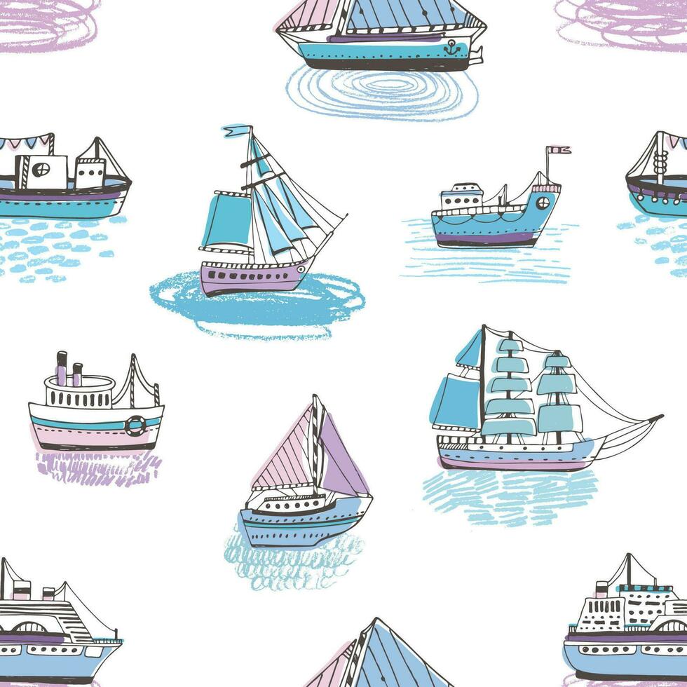 sömlös mönster med klotter fartyg, yachter, båtar, segling hantverk, segelbåt, nautisk fartyg. bakgrund med hav transport. färgrik hand dragen illustration. vektor