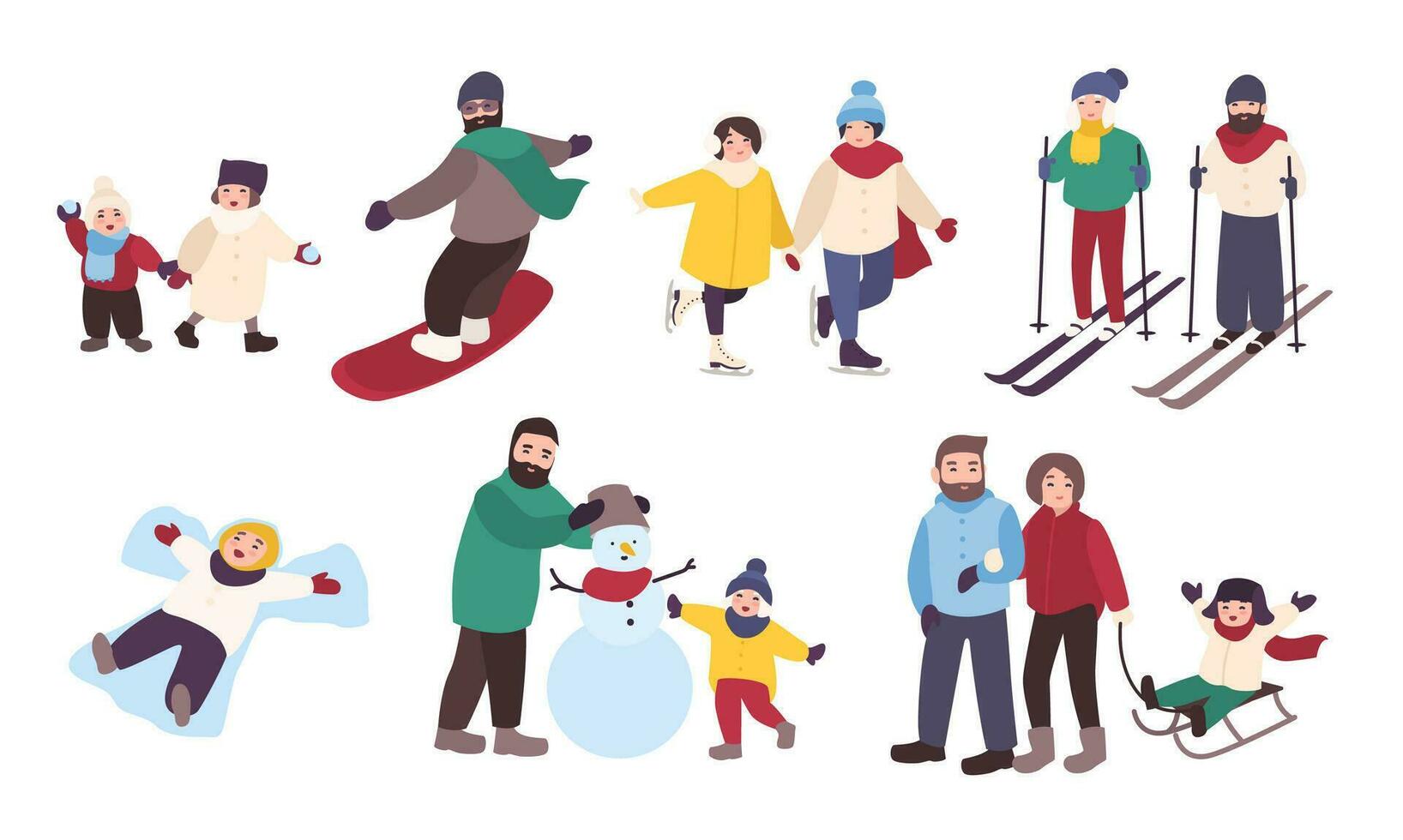 uppsättning av vinter- spel. annorlunda människor underhållning i vinter- sporter. vänner, par med barn skridsko, åka skidor, snowboard, göra snögubbe. färgrik vektor illustration i tecknad serie stil.