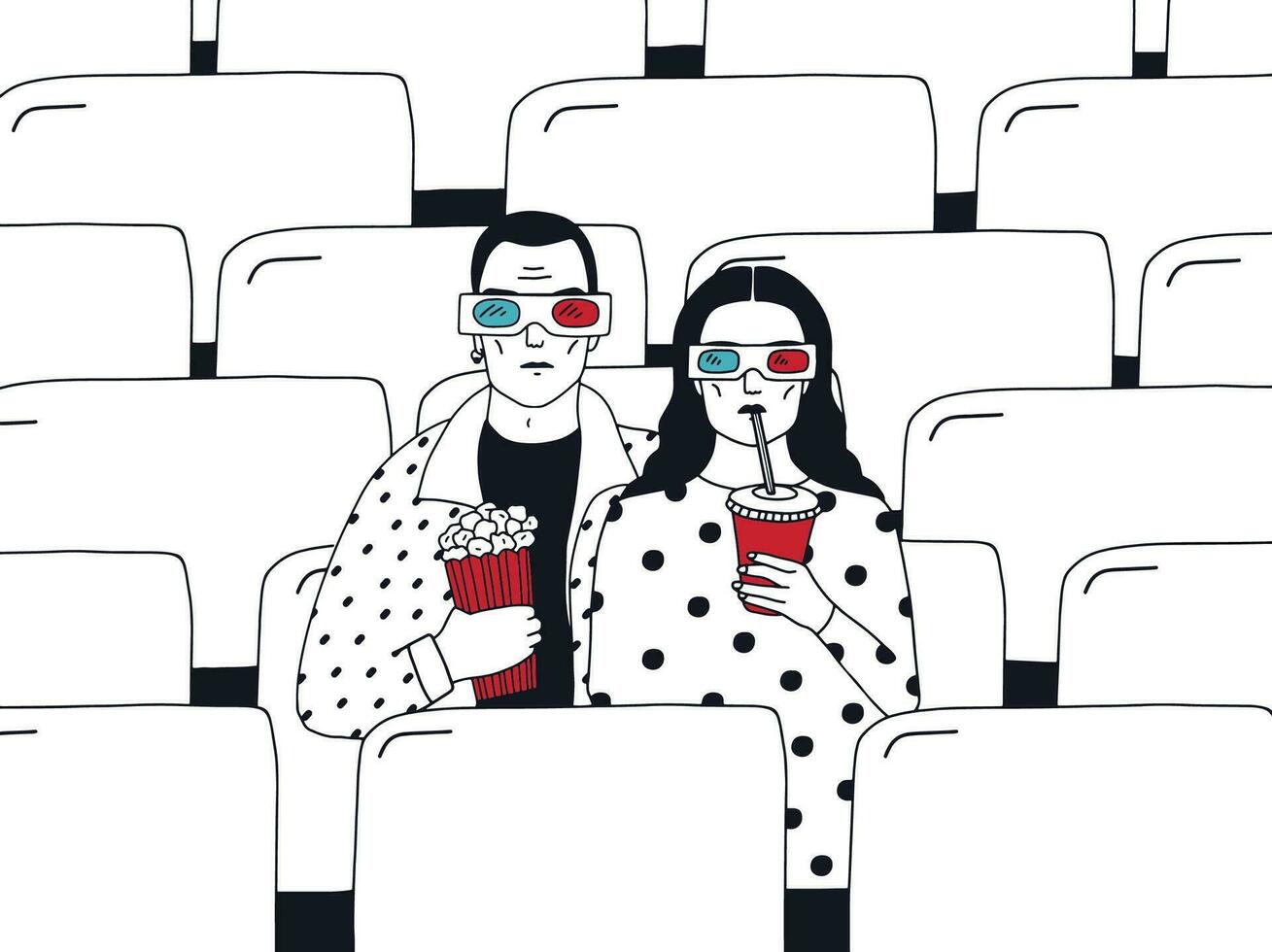 trendig ung par i bio. modern kille och flicka i 3d glasögon med popcorn och dryck. färgrik hand dragen vektor illustration.
