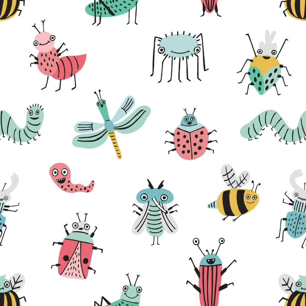 nahtlos Muster mit komisch Insekt. Hintergrund mit glücklich Karikatur Insekten. bunt Hand gezeichnet drucken. vektor