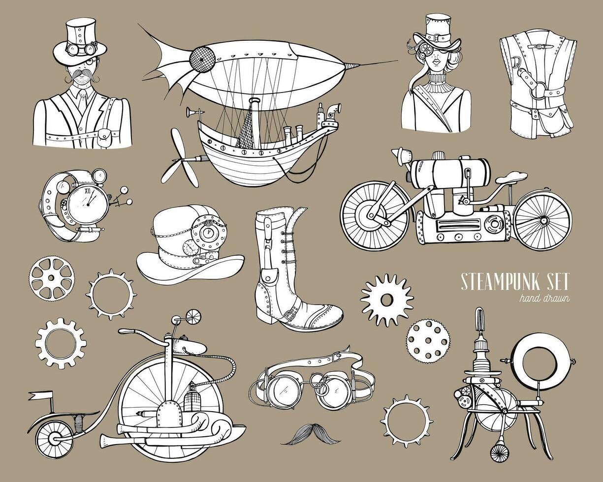 steampunk objekt och mekanism samling, maskin, Kläder, människor och växlar. hand dragen årgång stil illustration uppsättning. vektor