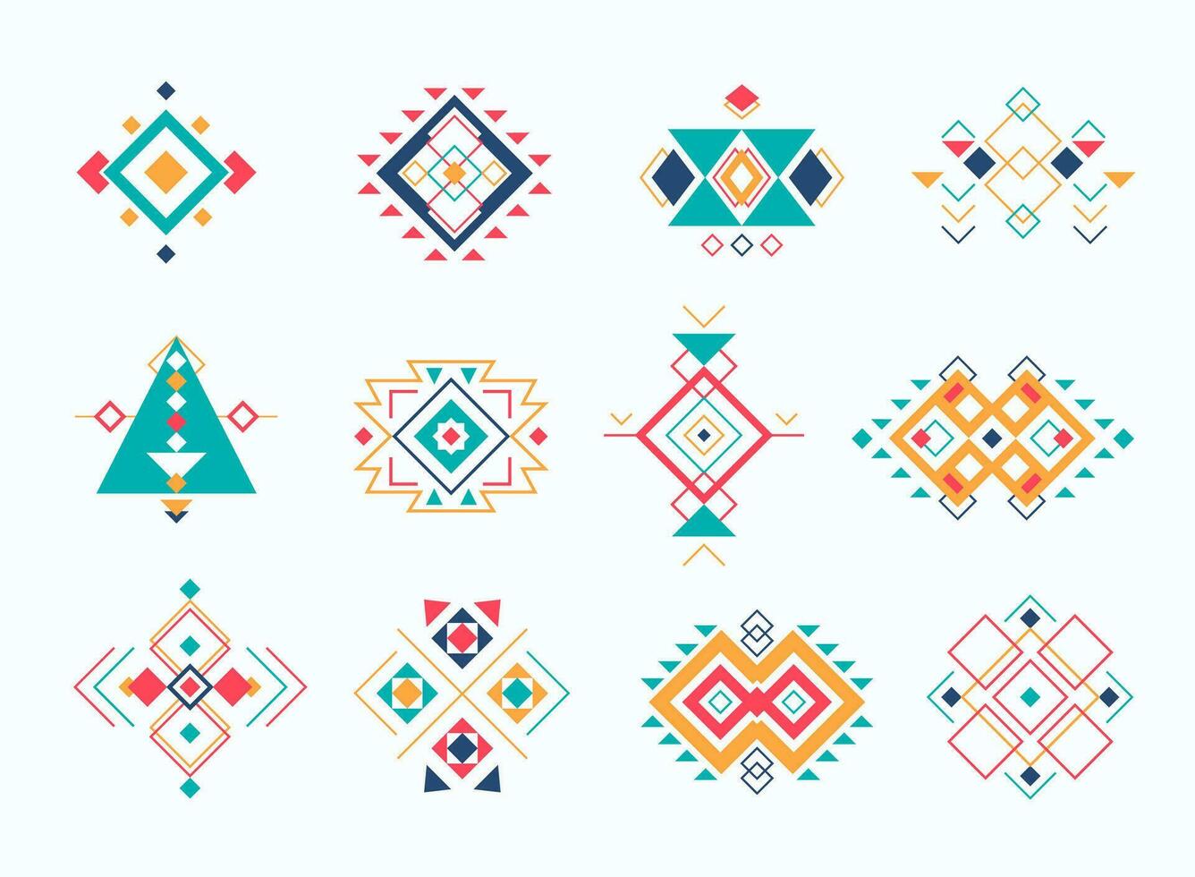 uppsättning av etno stam- aztec symboler. färgrik geometrisk etnisk dekor element samling. vektor