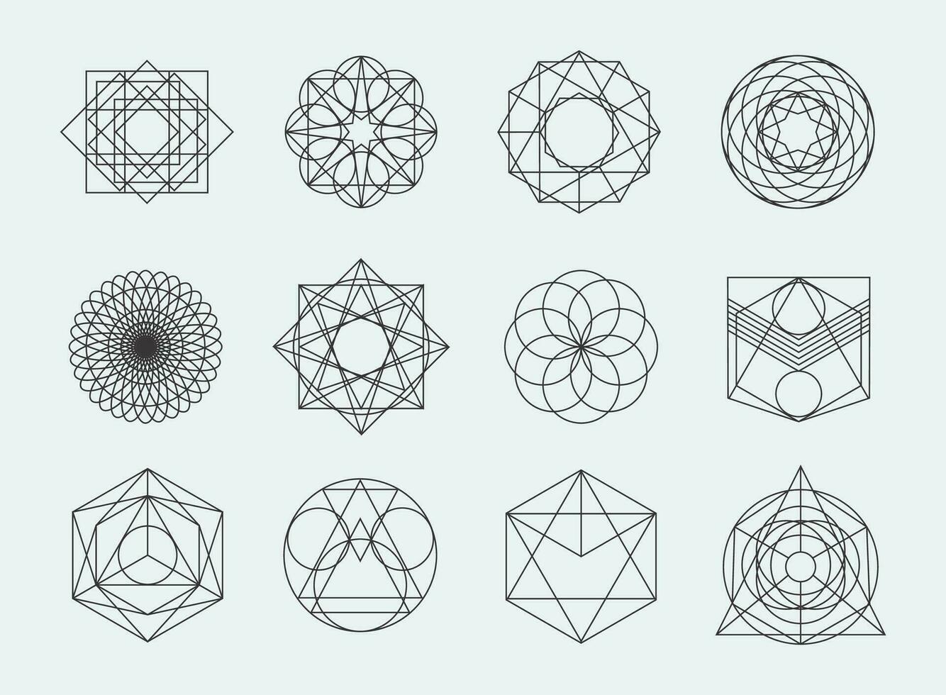 helig geometri symboler samling. uppsättning av hipster, abstrakt, alkemi, andlig, mystiker element på vit bakgrund. vektor