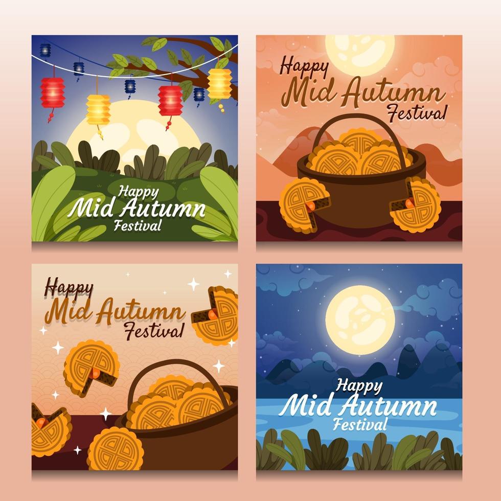 Fröhliche Herbstfestkarten mit Laterne und Mondkuchen vektor
