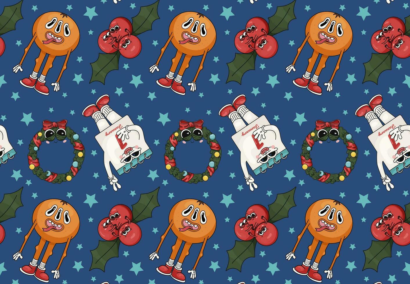 jul element, sömlös mönster. kalender, första advent krans, mistel bär, mandarin i trendig tecknad serie retro stil. glad jul och Lycklig ny år. häftig vektor