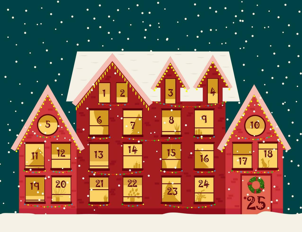 Advent Kalender Vorlage. Weihnachten Haus mit Countdown Fenster. fröhlich Weihnachten Poster. Vektor Illustration.