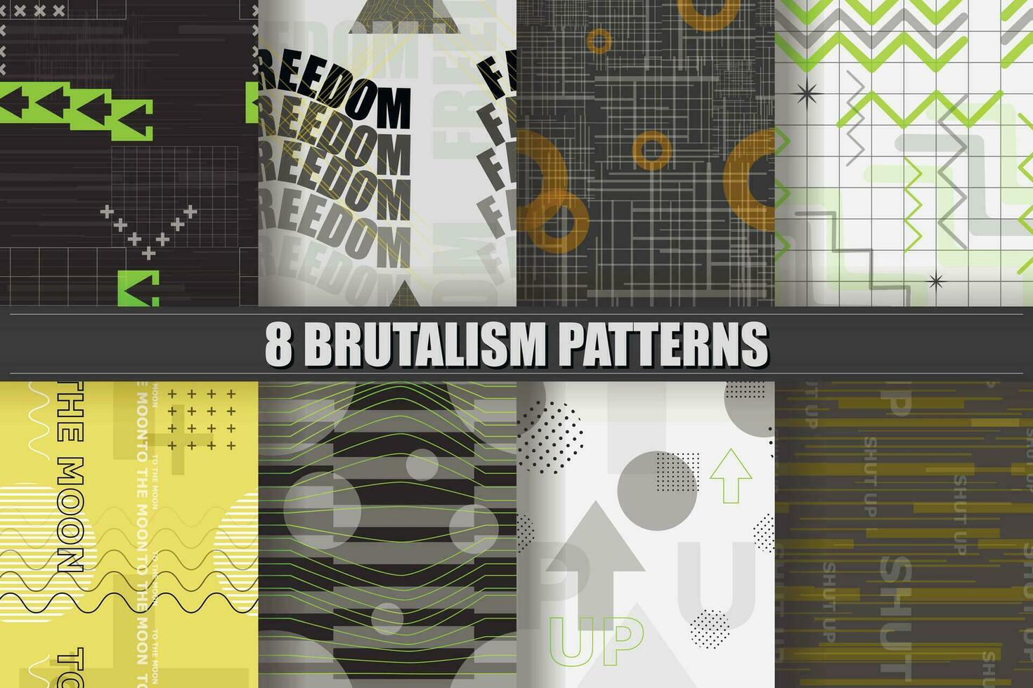 uppsättning av vektor sömlös mönster i de stil av brutalism. abstrakt modern bakgrunder i techno stil i svartvit och syra färger.