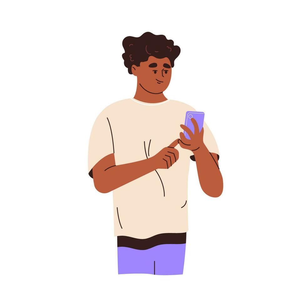 afrikansk amerikan man använder sig av mobil telefon. ung svart kille innehav smartphone, skriver, chattar, surfing internet. platt vektor illustration isolerat på vit bakgrund