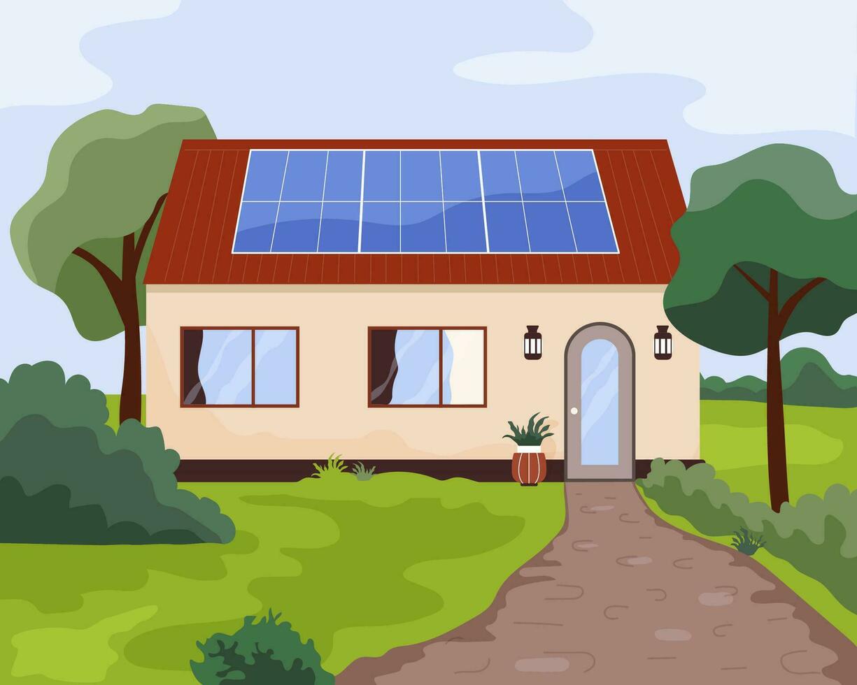 Eingerichtet Solar- Panel auf das Dach von ein Wohn Privat Haus. Solar- Energie Überleitung Konzept. eben Vektor Illustration