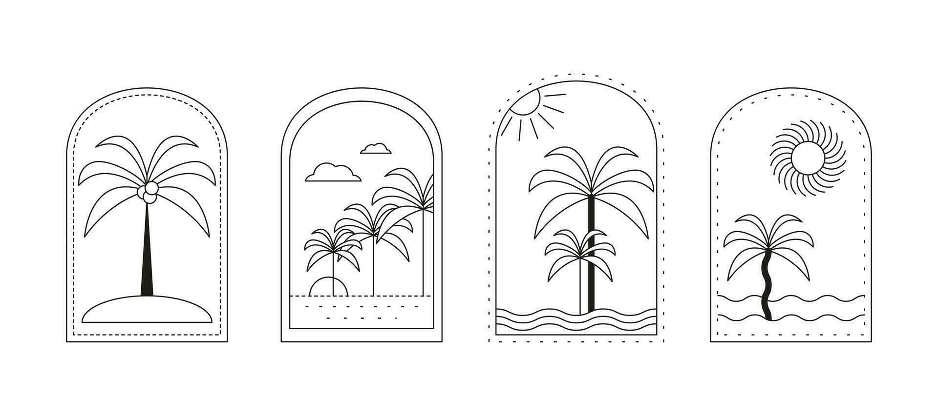 abstrakt Sommer- Logo Design Vorlage mit Palme Bäume, Meer, Sonne, Strand. modern minimalistisch Linie Symbole, Abzeichen oder Embleme einstellen zum Sozial Medien, Reise Agentur, tropisch Urlaub. Vektor Illustration
