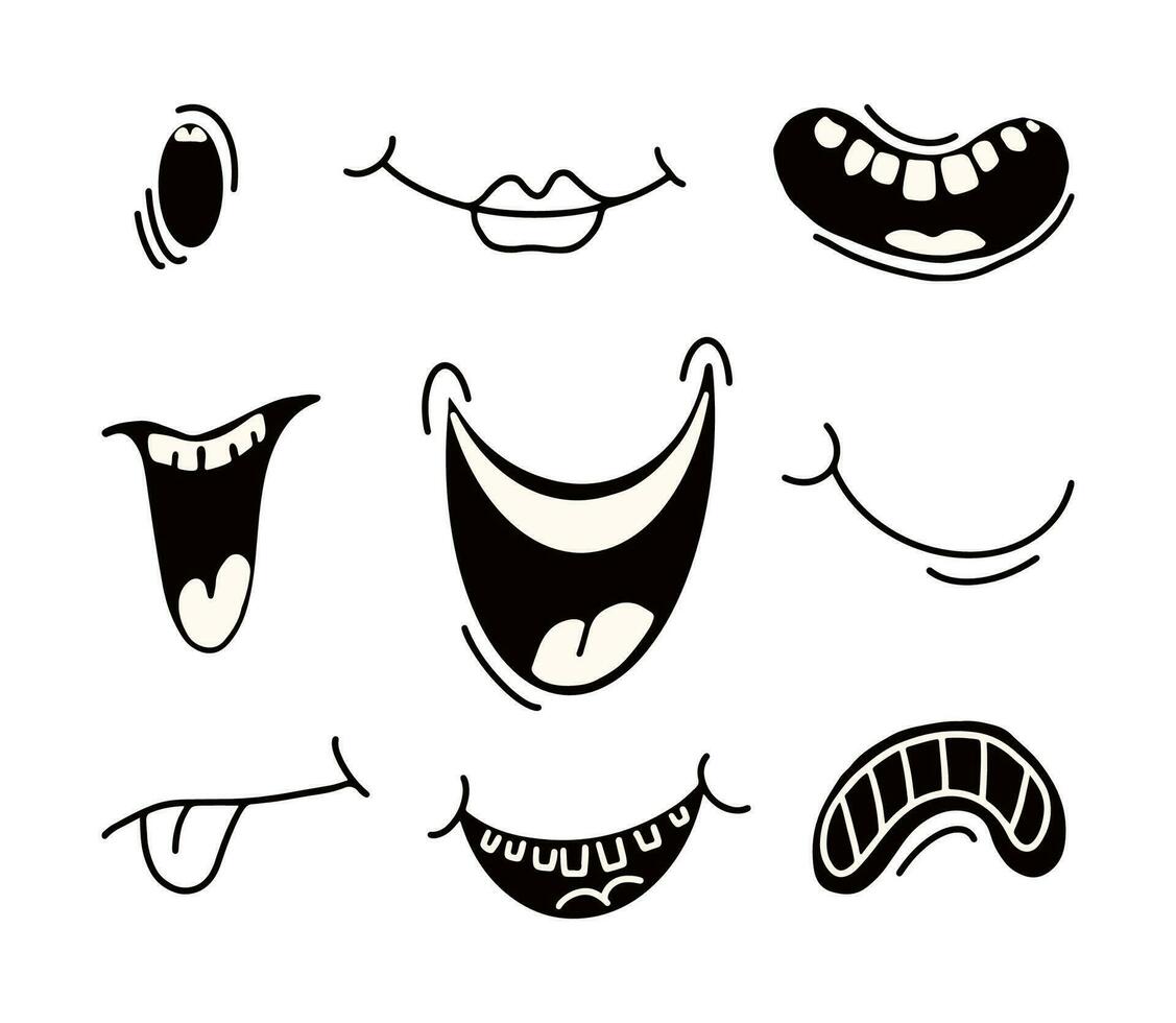 retro tecknad serie komisk stil mun uppsättning. hand dragen klotter öppen mun, leende, skrika, tunga, mun. svart och vit årgång emoji ikoner. vektor design illustration