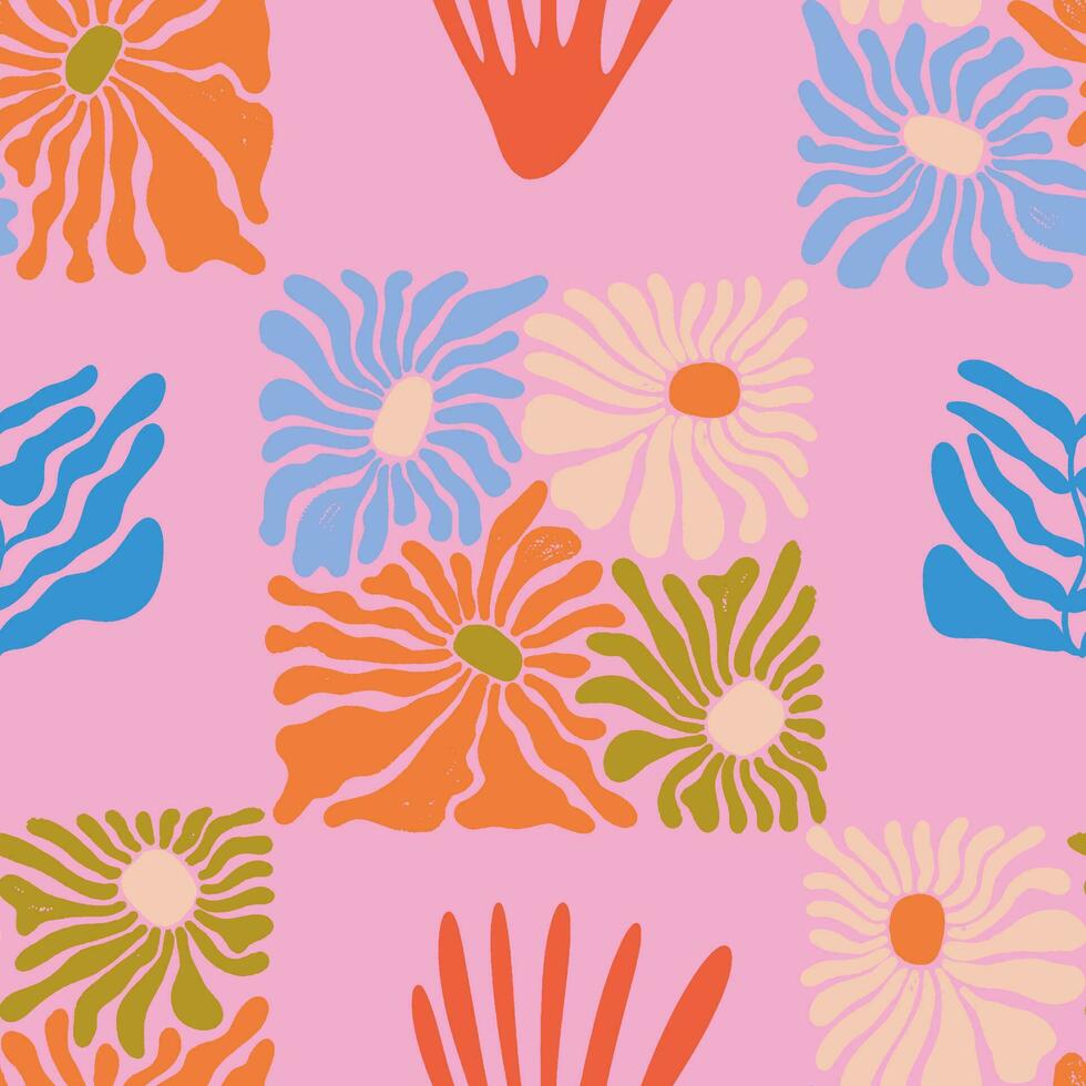 matisse inspirerad blommig sömlös mönster. häftig skraj blommor i trendig retro hippie 60s 70s stil. sommar naturlig mode skriva ut. vektor upprepa bakgrund i rosa, blå, orange, grön färger