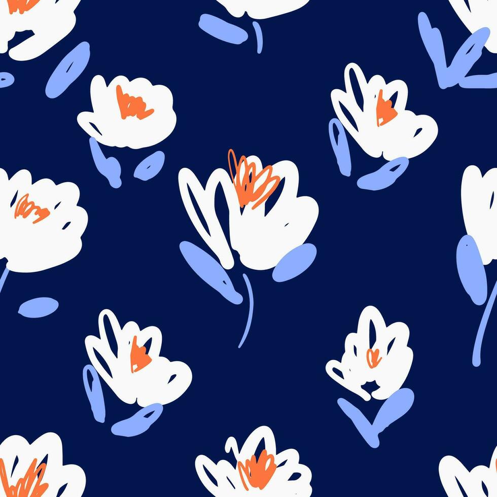 abstrakt blommig sömlös mönster med hand dragen vit blommor. sommar upprepa skriva ut design med naiv blommar. färgad vektor illustration för textil, tyg, tapet