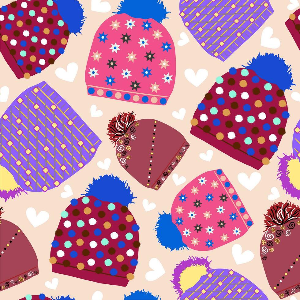 vinter- sömlös mönster med hattar eller caps i vektor. röd, rosa violett och vinröd färger illustration samling. vektor