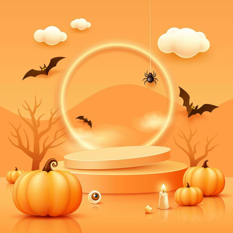 halloween orange två pallplatser överlappade, pumpor, ljus och fladdermus flygande, träd, Spindel webb, affisch design på orange bakgrund, eps 10 vektor illustration