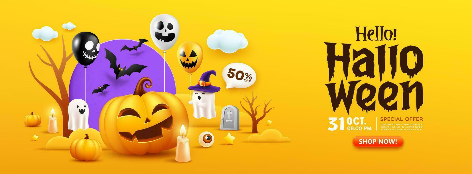 Lycklig halloween försäljning, orange pumpa leende, fladdermus flygande, ljus, spöken, och färgrik ballong baner design på gul bakgrund, eps 10 vektor illustration