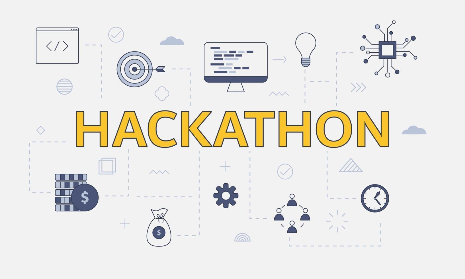 Hackathon-Konzept mit Icon-Set mit großem Wort vektor