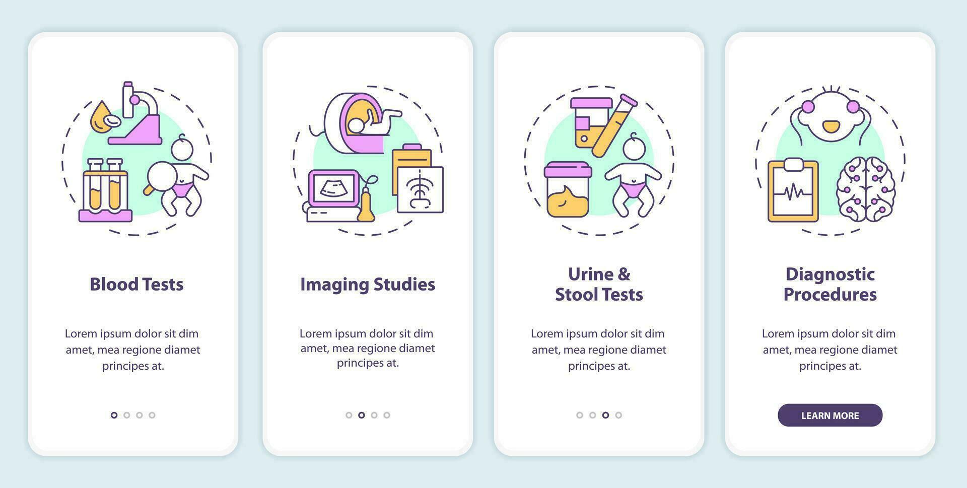 Diagnose Verfahren zum Kinder Onboarding Handy, Mobiltelefon App Bildschirm. Komplettlösung 4 Schritte editierbar Grafik Anleitung mit linear Konzepte. ui, ux, gui Vorlage vektor