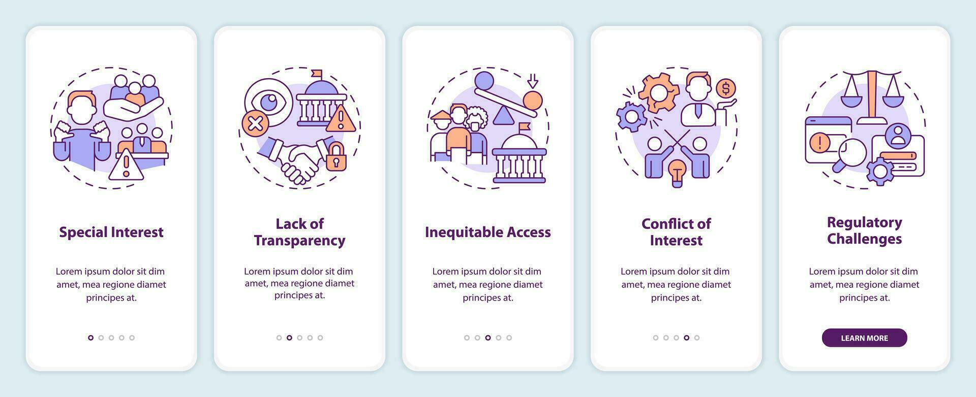 2d linjär ikoner representerar lobbying regering mobil app skärm uppsättning. 5 steg grafisk instruktioner, ui, ux, gui mall. vektor