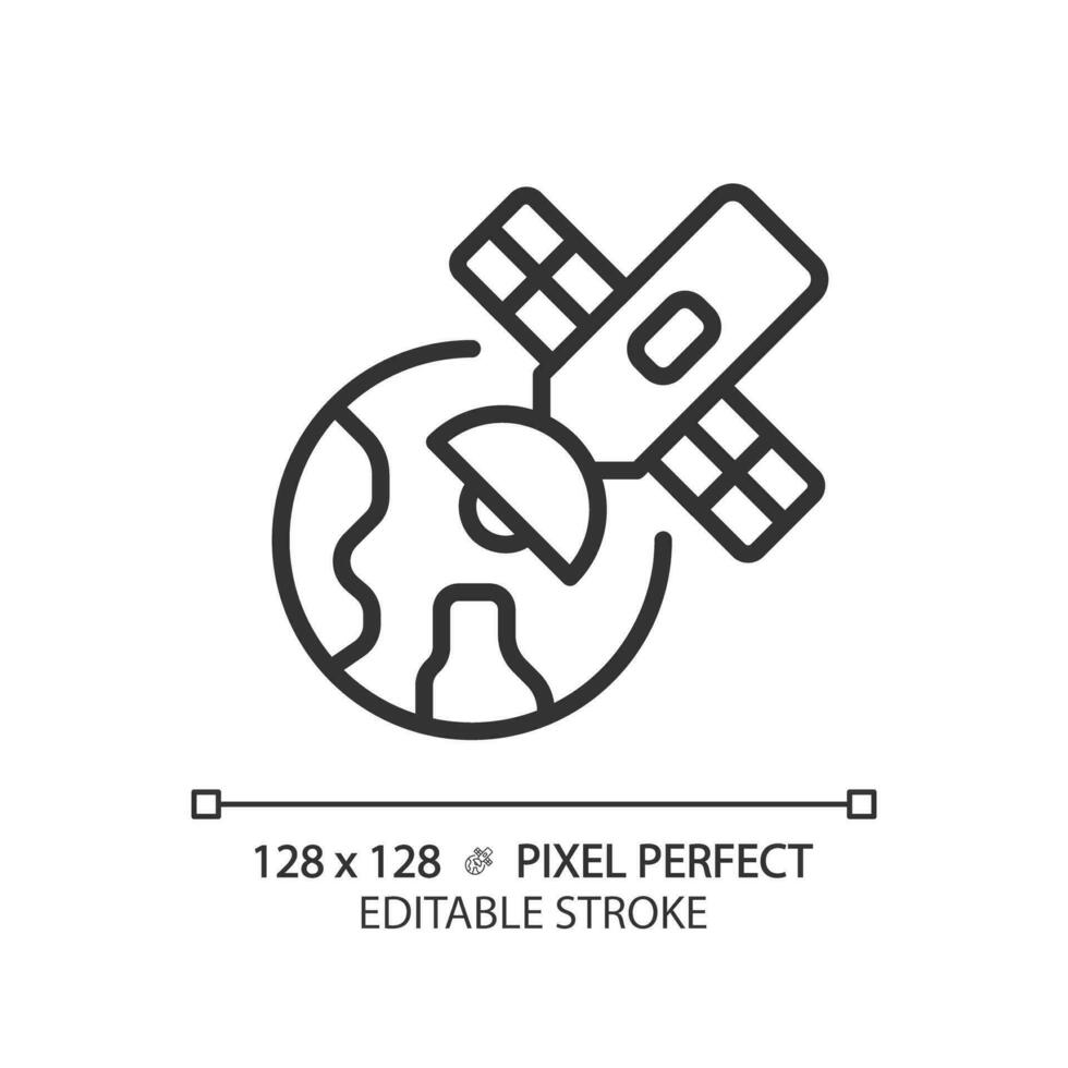 satellit pixel perfekt linjär ikon. lansera fordon. jord bana. global positionering systemet. Plats teknologi. tunn linje illustration. kontur symbol. vektor översikt teckning. redigerbar stroke