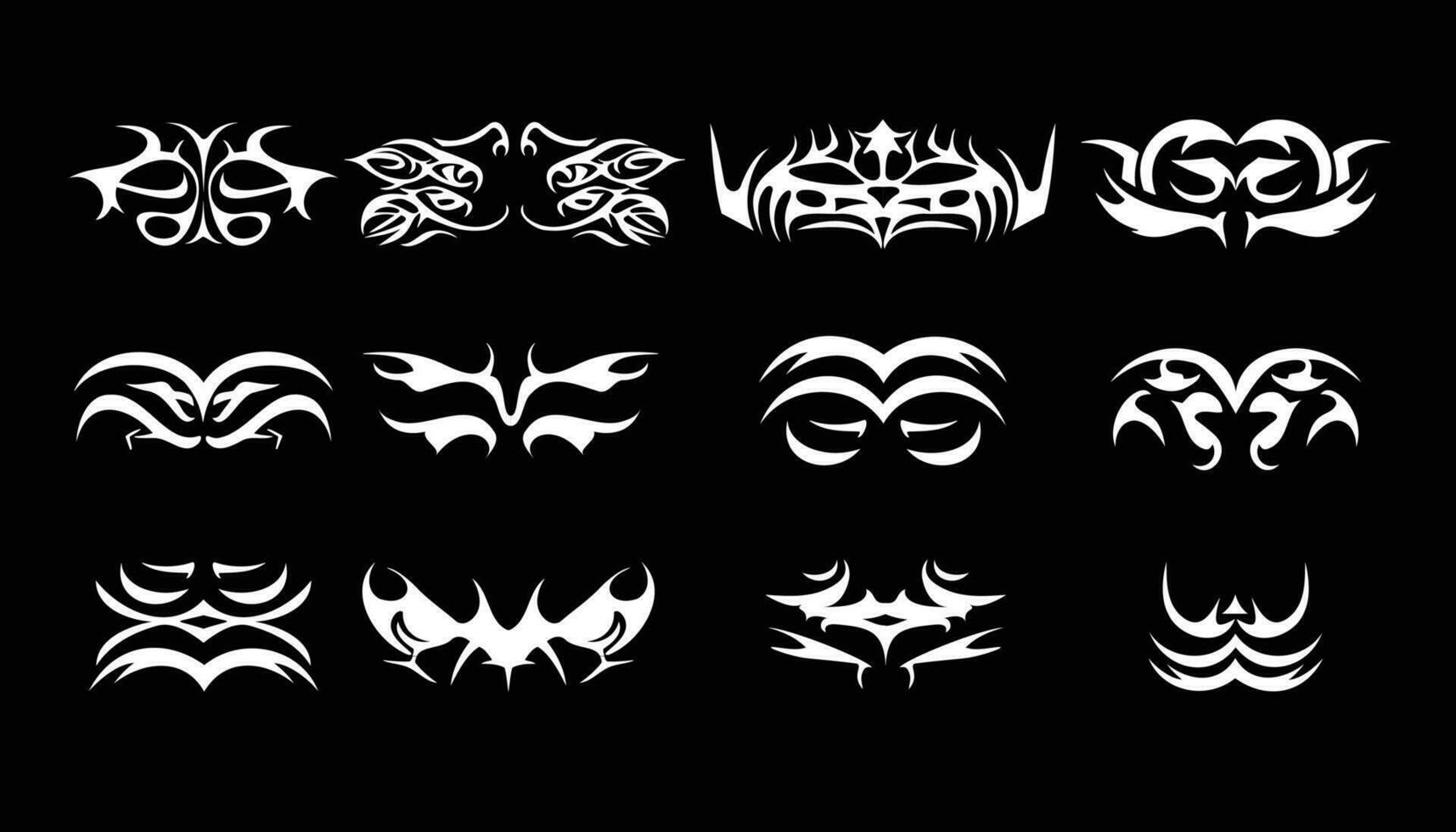 uppsättning av vit illustration av svart gotik stam- symbol tatuering mönster begrepp svart bakgrund vektor